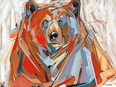 Widescreen, original acrylic bear painting by Canadian artist Laura Stevens at Effusion Art Gallery in Invermere, BC.