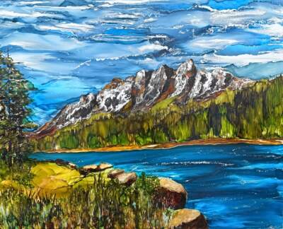 Crowned in Silver, original alcohol ink landscape painting of Castle Mountain by Canadian artist Paulina Tokarski at Effusion Art Gallery in Invermere, BC.