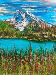 Emerald Embrace, original alcohol ink landscape painting of Emerald Lake by Canadian artist Paulina Tokarski at Effusion Art Gallery in Invermere, BC.