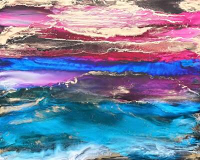 In the Flow, original alcohol ink colour shifting abstract landscape painting by Canadian artist Paulina Tokarski at Effusion Art Gallery in Invermere, BC.