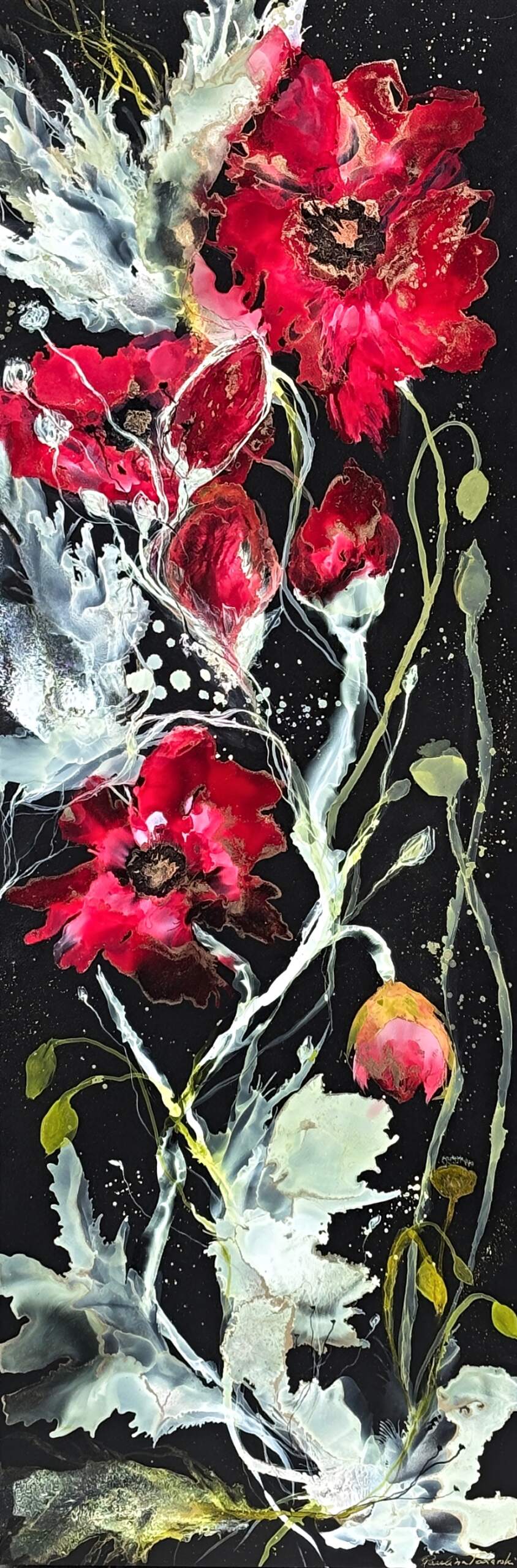 Red Bloom, original alcohol ink red floral painting by Canadian artist Paulina Tokarski at Effusion Art Gallery in Invermere, BC.