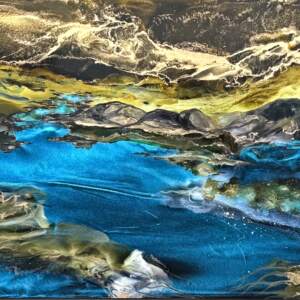 The Wild Unfolds, original alcohol ink colour shifting abstract landscape painting by Canadian artist Paulina Tokarski at Effusion Art Gallery in Invermere, BC.