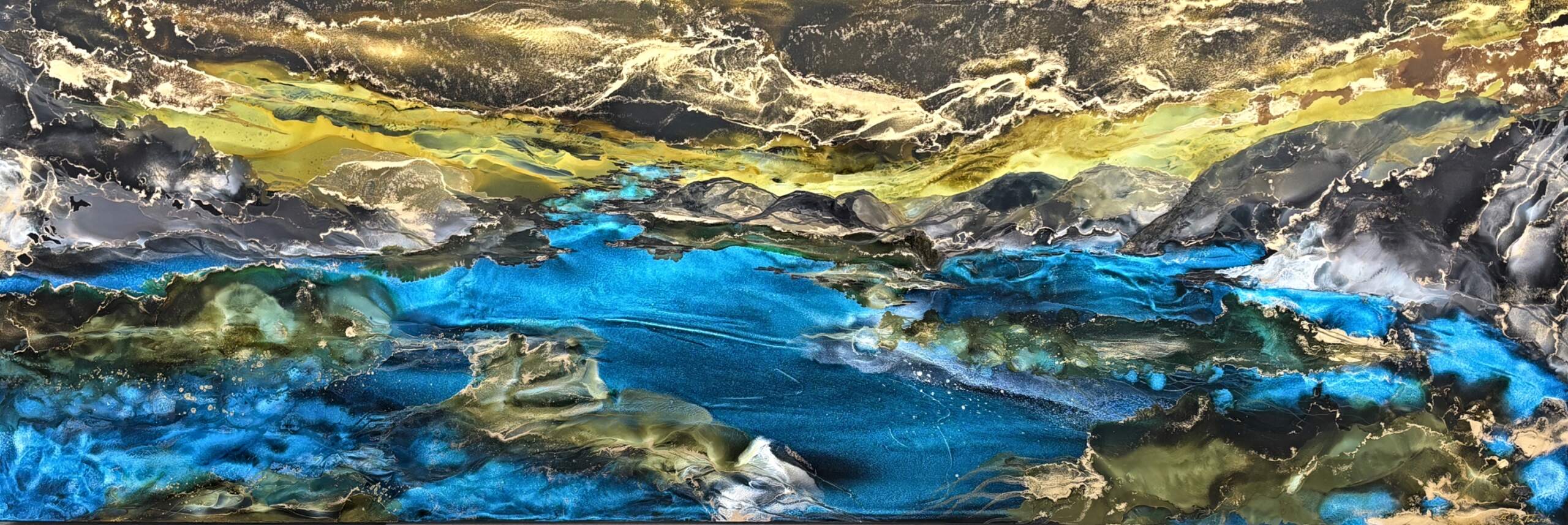 The Wild Unfolds, original alcohol ink colour shifting abstract landscape painting by Canadian artist Paulina Tokarski at Effusion Art Gallery in Invermere, BC.
