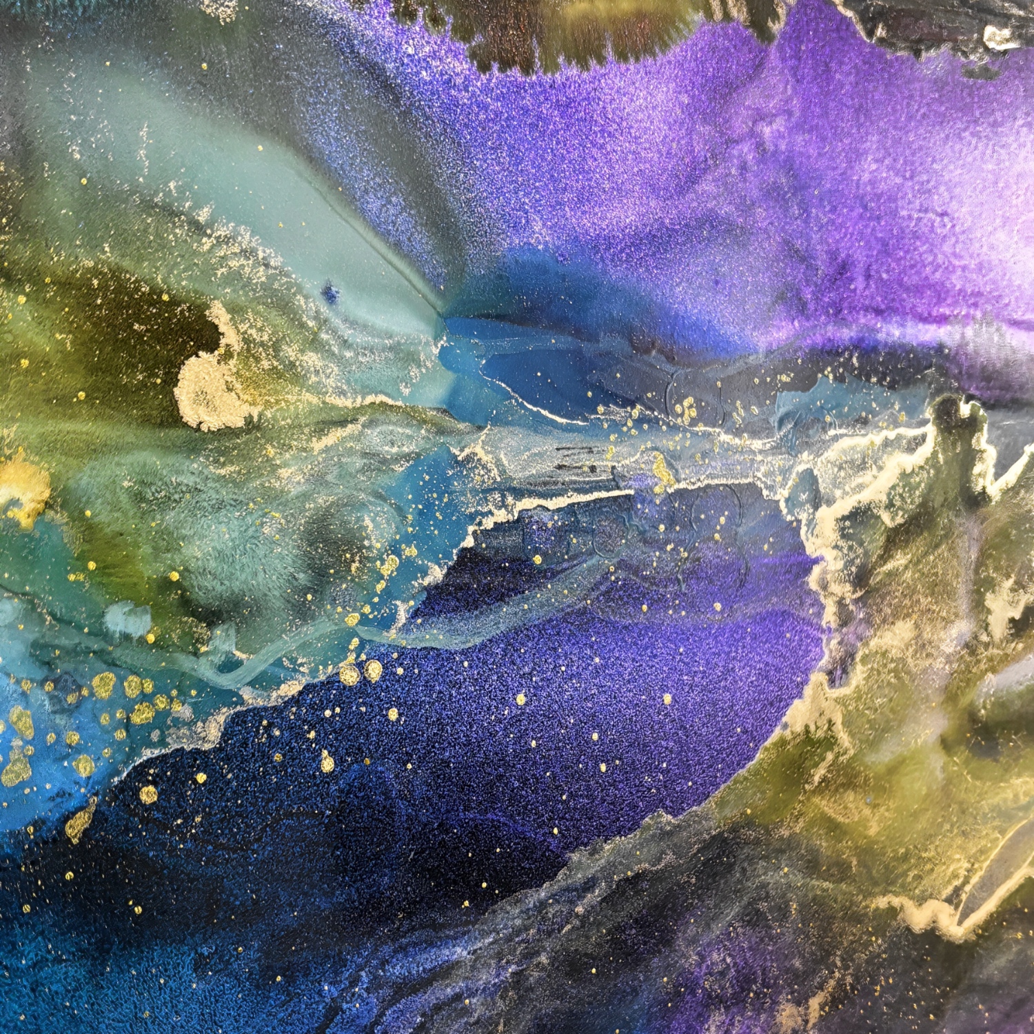 The Wild Unfolds, original alcohol ink colour shifting abstract landscape painting by Canadian artist Paulina Tokarski at Effusion Art Gallery in Invermere, BC.