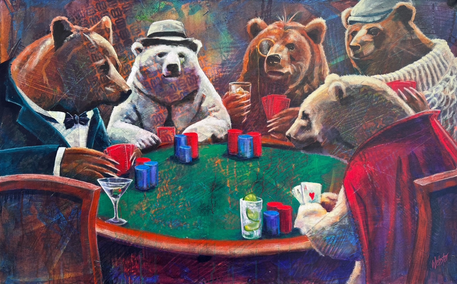 Ante Up! Original acrylic painting of bears playing poker by Canadian artist John Webster at Effusion Art Gallery in Invermere, BC.
