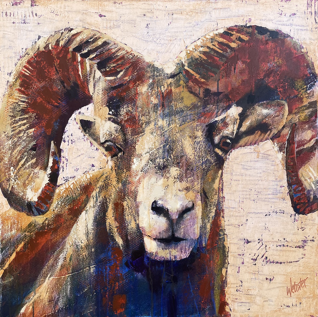 Bighorn Disrupted, original acrylic bighorn sheep painting by Canadian artist John Webster at Effusion Art Gallery in Invermere, BC.