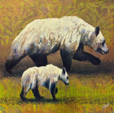 Following Her Footsteps, original acrylic mama bear and cub painting by Canadian artist John Webster at Effusion Art Gallery in Invermere, BC.