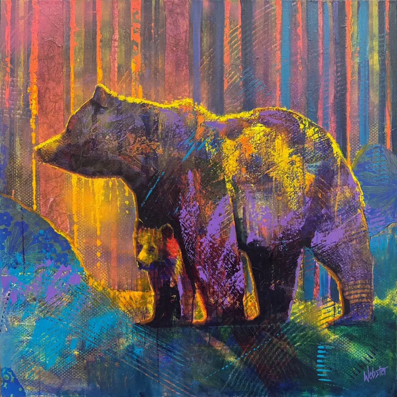 Luminous Warmth, original acrylic painting of a mama bear and cub by Canadian artist John Webster at Effusion Art Gallery in Invermere, BC.