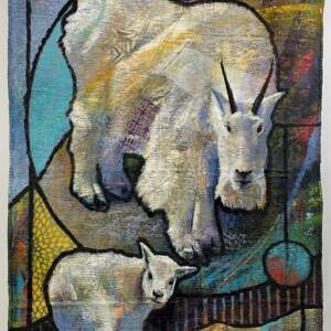 Mother and Kid, original acrylic mountain goat and baby Turkish tapestry painting by Canadian artist John Webster at Effusion Art Gallery in Invermere, BC.