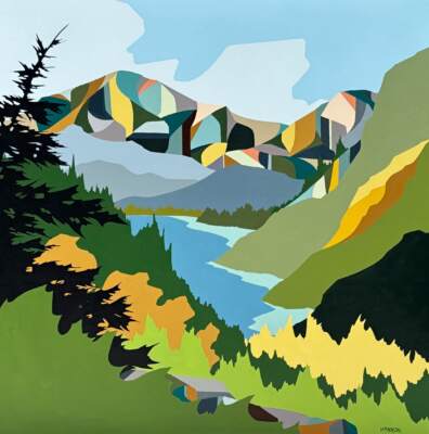 Tea with Agnes, original acrylic landscape painting of the view from the Lake Louise Tea House by Canadian artist Michelle Barkway at Effusion Art Gallery in Invermere, BC.