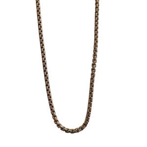 Handmade bronze and sterling silver box link chain necklace by Canadian jewelry artist Karyn Chopik at Effusion Art Gallery in Invermere, BC.