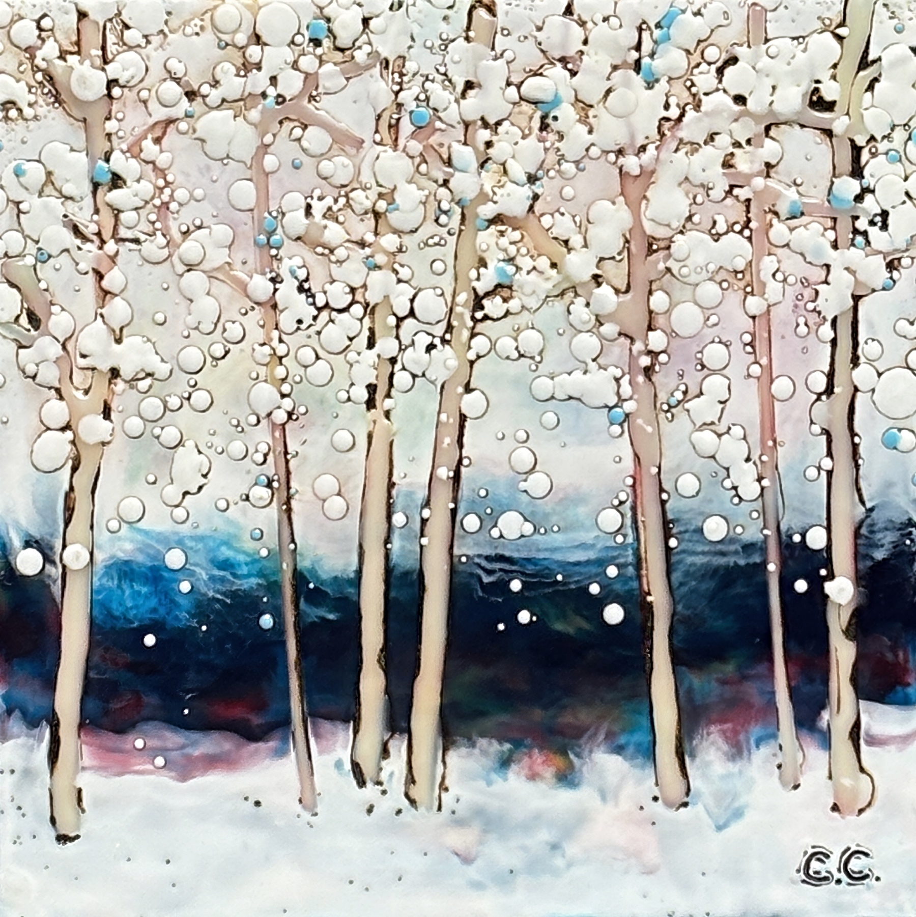 Just a Slice 1 25115, original encaustic winter tree landscape painting by Canadian artist Catharine Clarke at Effusion Art Gallery in Invermere, BC.