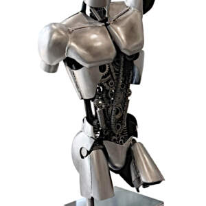 Apollo, original steel robot-inspired male torso sculpture by Canadian metal artist Cory Fuhr at Effusion Art Gallery in Invermere, BC.