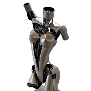 Poetry, original steel robot-inspired female torso sculpture by Canadian metal artist Cory Fuhr at Effusion Art Gallery in Invermere, BC.