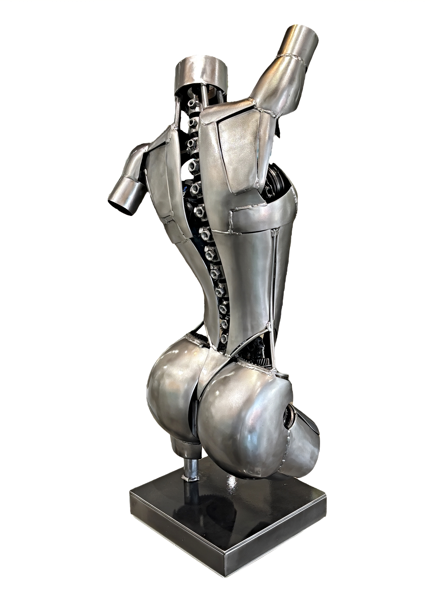 Poetry, original steel robot-inspired female torso sculpture by Canadian metal artist Cory Fuhr at Effusion Art Gallery in Invermere, BC.