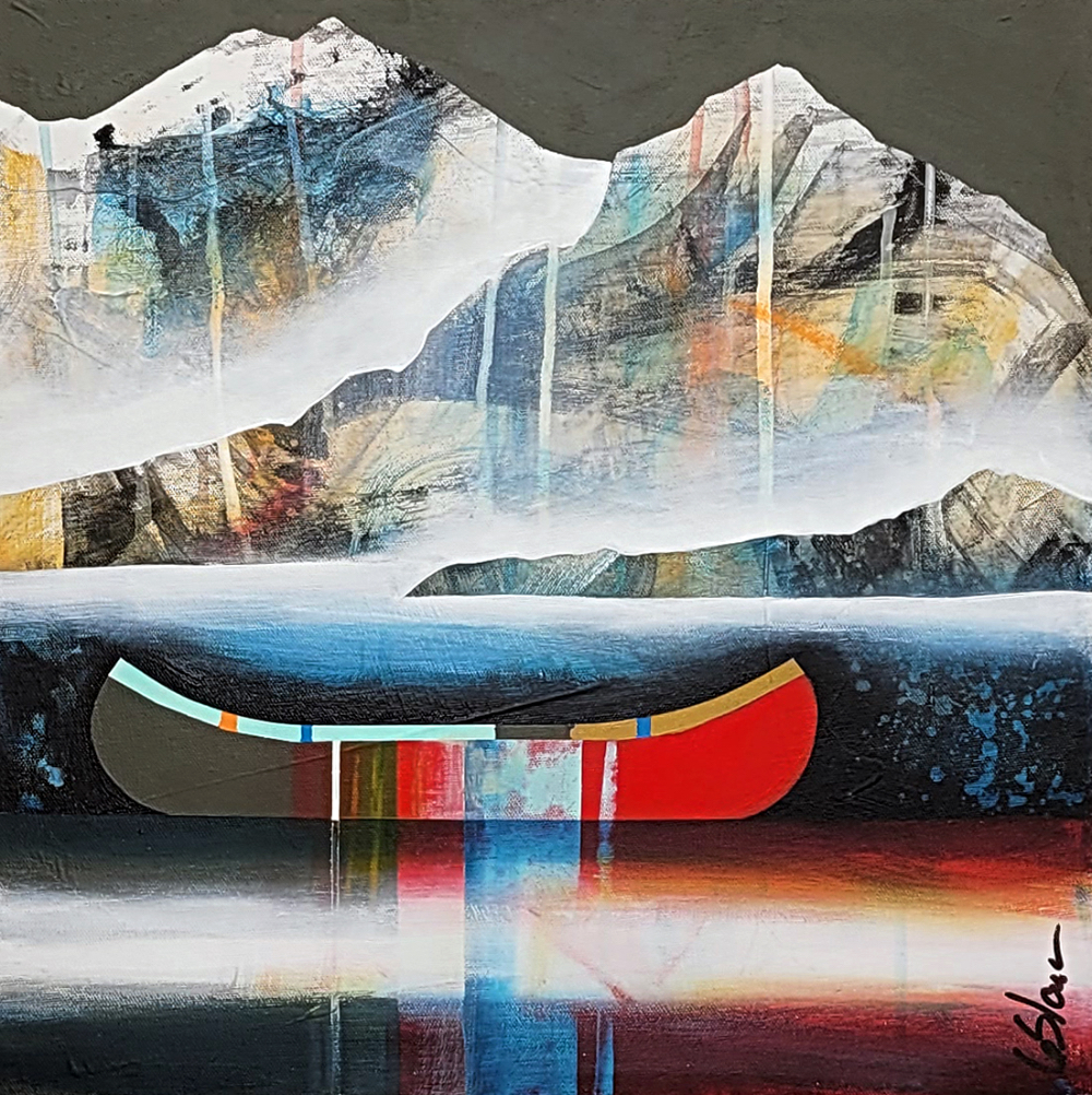 Oublie, original mixed media mini canoe + mountains painting by Canadian artist Sylvain Leblanc at Effusion Art Gallery in Invermere, BC.