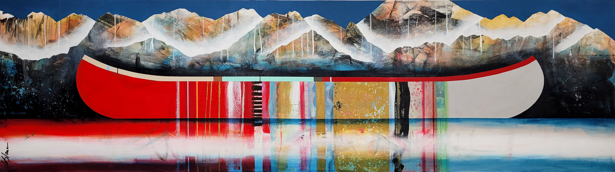 Quelques part avec toi, original mixed media canoe and mountain painting by Canadian artist Sylvain Leblanc at Effusion Art Gallery in Invermere, BC.