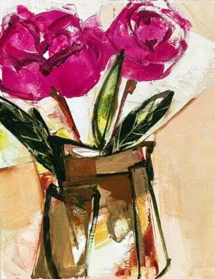 A Vibe, original acrylic pink peony painting by Canadian artist Katie Lois at Effusion Art Gallery in Invermere, BC.