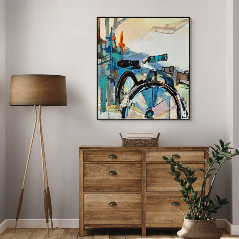 Tack-tacular, original acrylic bike painting by Canadian artist Katie Lois at Effusion Art Gallery in Invermere, BC.