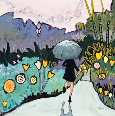 Picked Just for You, original acrylic painting a girl running up a path with a bouquet of flowers and an umbrella by Canadian artist Eleanor Lowden at Effusion Art Gallery in Invermere, BC