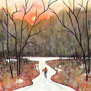 Together at Sunrise, original acrylic landscape painting of a person and their dog going for a walk at sunrise by Canadian artist Eleanor Lowden at Effusion Art Gallery in Invermere, BC