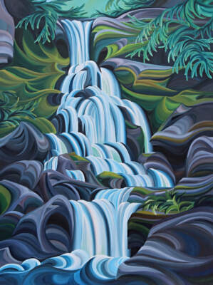 Glade Creek Falls, original acrylic waterfall landscape painting by Canadian artist Tess Paul at Effusion Art Gallery in Invermere, BC.