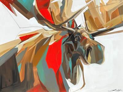 Bossa Nova, original acrylic moose painting by Canadian artist Laura Stevens at Effusion Art Gallery in Invermere, BC.
