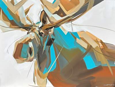 Saturday,  original acrylic moose painting by Canadian artist Laura Stevens at Effusion Art Gallery in Invermere, BC.