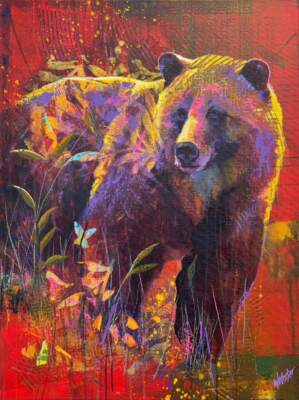 Butterfly Effect, original acrylic bear painting by Canadian artist John Webster at Effusion Art Gallery in Invermere, BC.