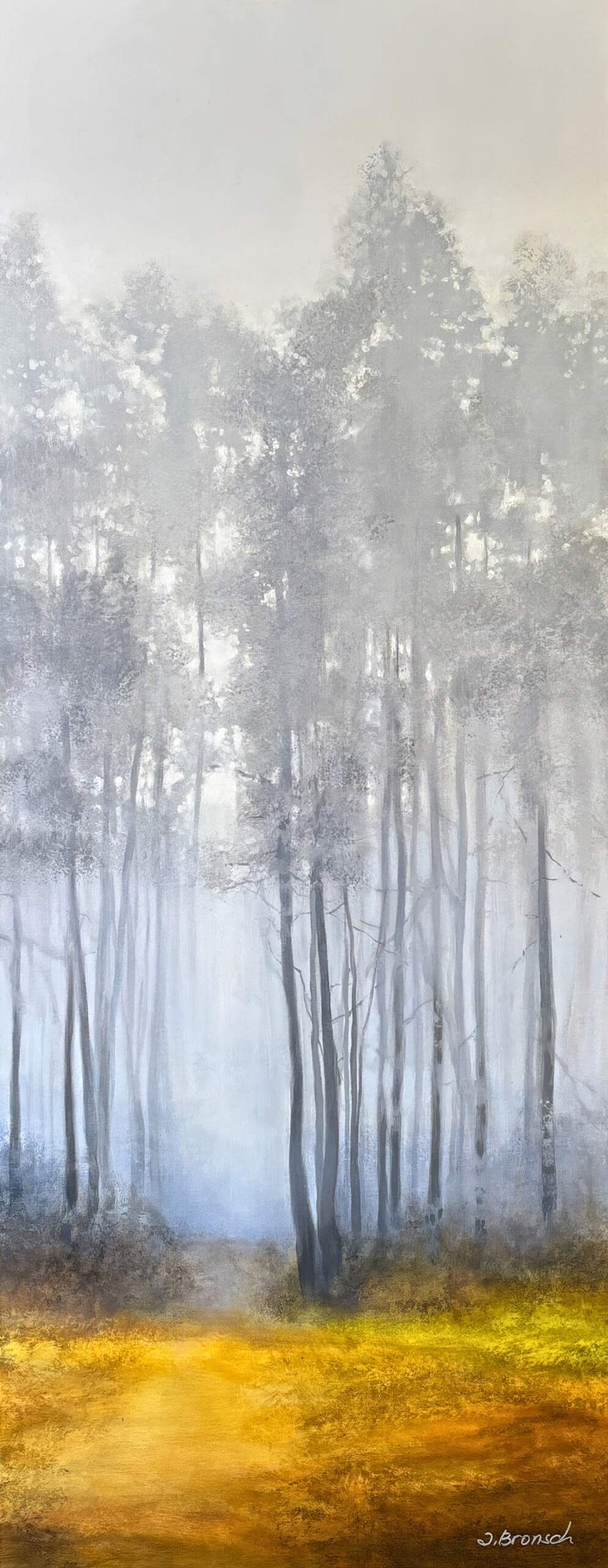 Led Away, original acrylic misty tree landscape by Canadian artist Jane Bronsch at Effusion Art Gallery in Invermere, BC.