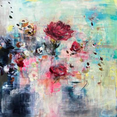Floating upon this Surface, original oil floral painting by Canadian artist Denna Erickson at Effusion Art Gallery in Invermere, BC.
