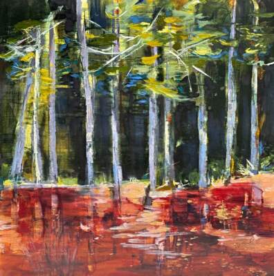 Shimmer, original oil forest landscape painting by Canadian artist Denna Erickson at Effusion Art Gallery in Invermere, BC.