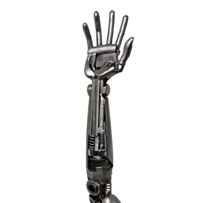 Diamond, original metal robot-inspired arm and hand sculpture by Canadian artist Cory Fuhr at Effusion Art Gallery in Invermere, BC.