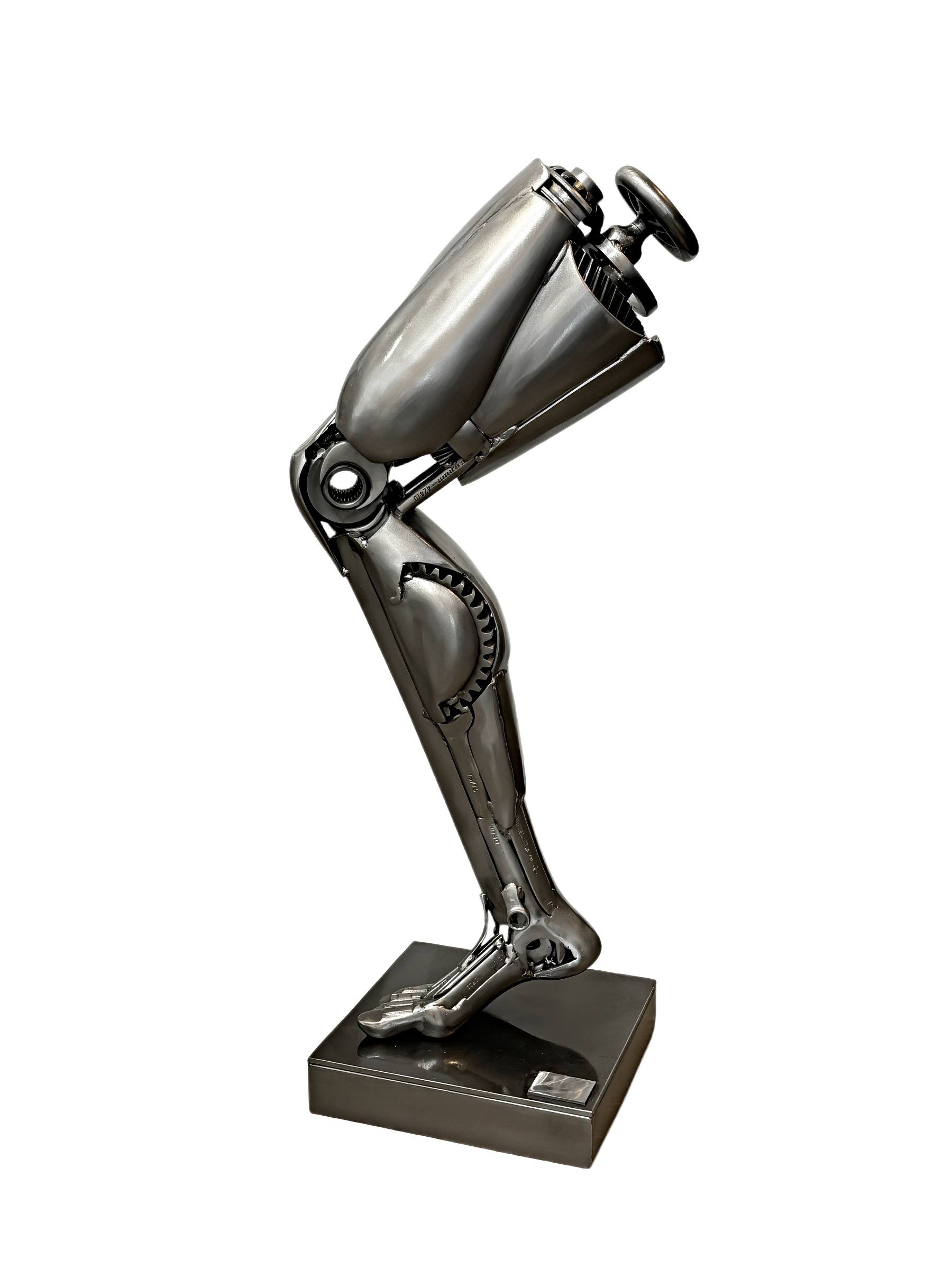 Hermes, original metal robot-inspired leg and foot sculpture by Canadian artist Cory Fuhr at Effusion Art Gallery in Invermere, BC.