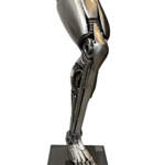 Hermes, original metal robot-inspired leg and foot sculpture by Canadian artist Cory Fuhr at Effusion Art Gallery in Invermere, BC.
