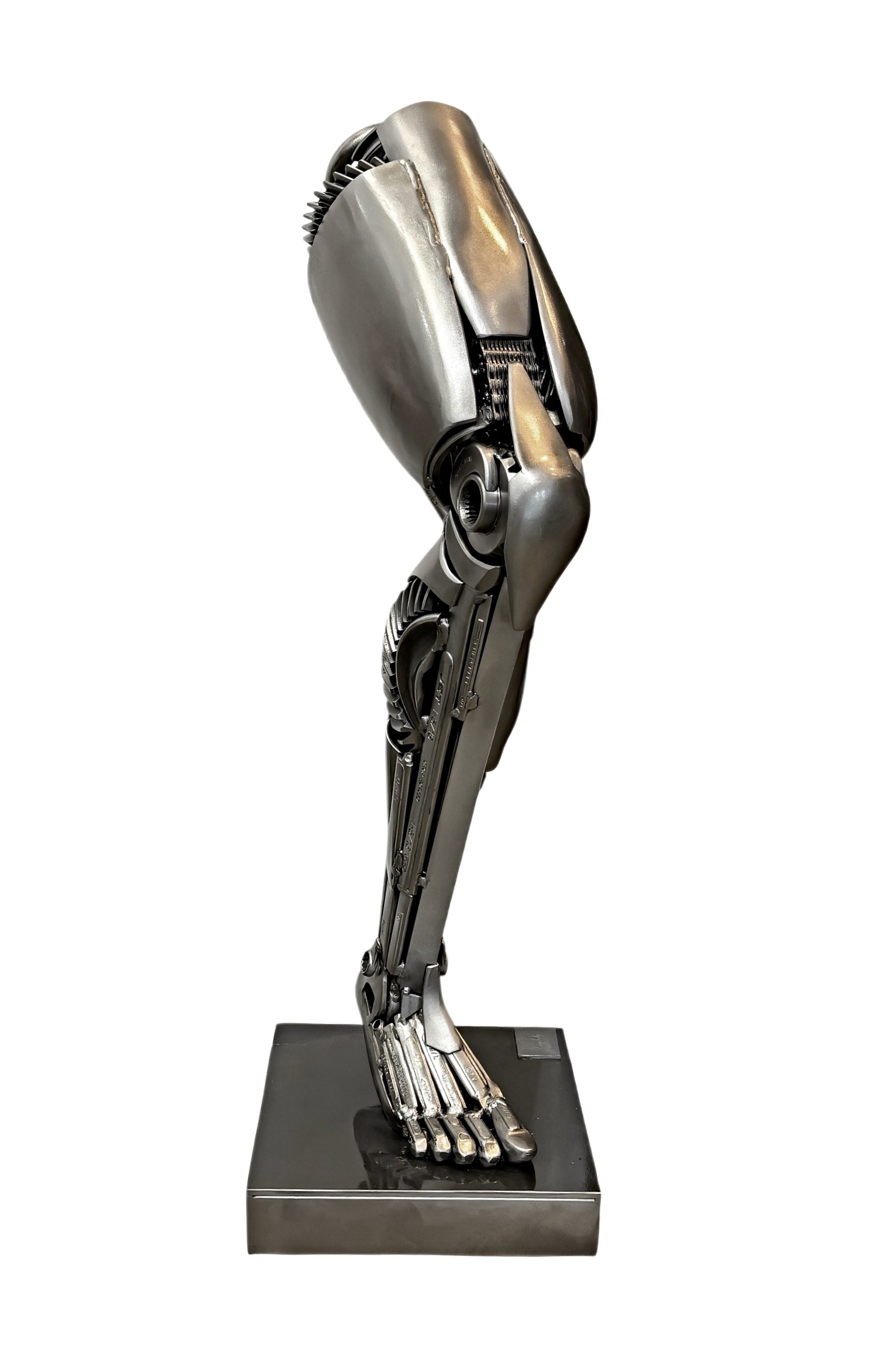 Hermes, original metal robot-inspired leg and foot sculpture by Canadian artist Cory Fuhr at Effusion Art Gallery in Invermere, BC.