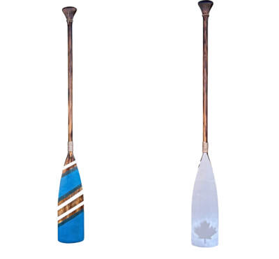 Canada True Paddle 6, one-of-a-kind hand-painted wooden paddle with the Canadian maple leaf by artist Kara Masters at Effusion Art Gallery in Invermere, BC.