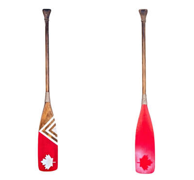 Canada True Paddle 7, one-of-a-kind hand-painted wooden paddle with the Canadian maple leaf by artist Kara Masters at Effusion Art Gallery in Invermere, BC.