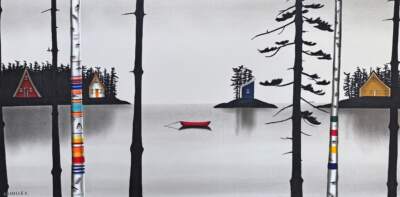 The Colours of the Wind, original mixed media lake landscape painting by Canadian artist Natasha Miller at Effusion Art Gallery in Invermere, BC.