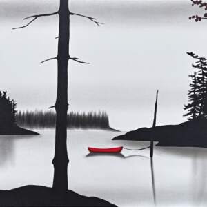 The Rest is History, original mixed media lake landscape painting by Canadian artist Natasha Miller at Effusion Art Gallery in Invermere, BC.