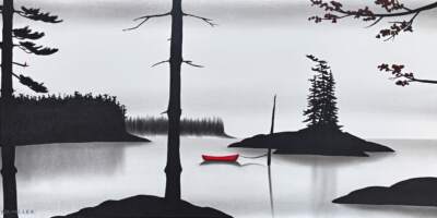 The Rest is History, original mixed media lake landscape painting by Canadian artist Natasha Miller at Effusion Art Gallery in Invermere, BC.