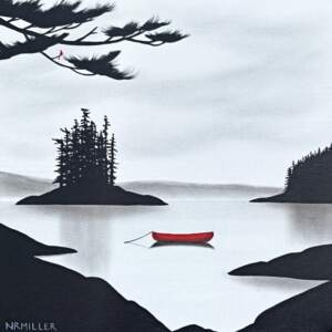 Up Until Now, original mixed media lake landscape painting by Canadian artist Natasha Miller at Effusion Art Gallery in Invermere, BC.