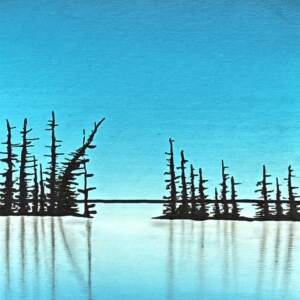 Hub of the Valley original mixed media painting of a quiet lake landscape night by Canadian artist Cody Pendleton at Effusion Art Gallery in Invermere, BC.