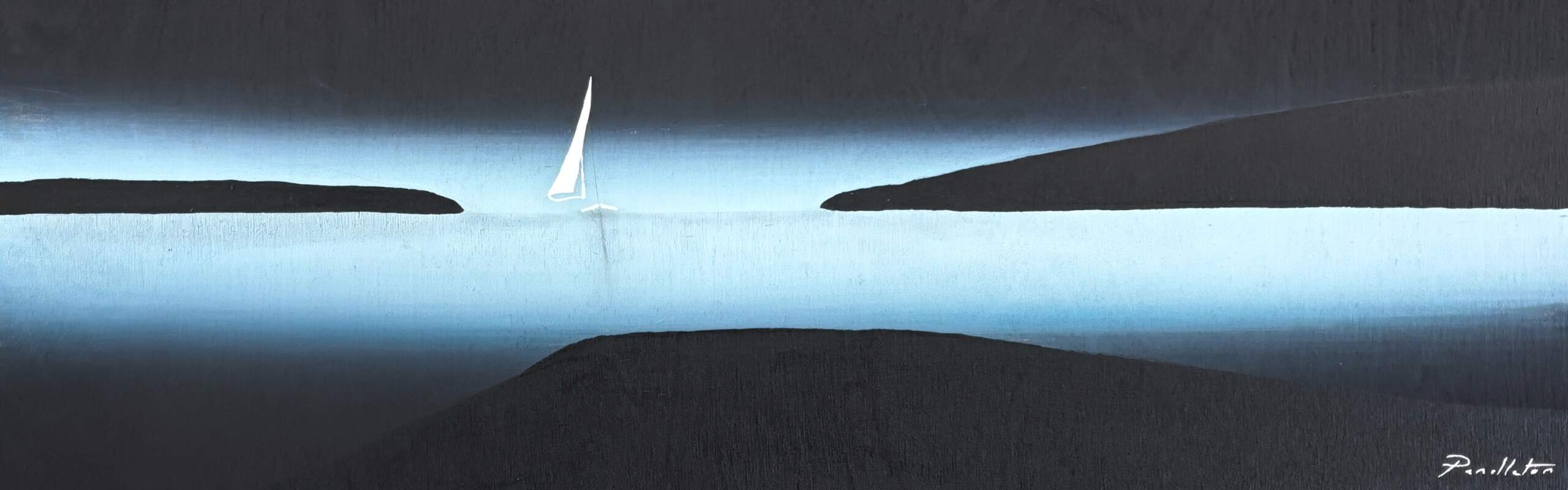 Night Vision, original mixed media painting of a quiet sailboat at night by Canadian artist Cody Pendleton at Effusion Art Gallery in Invermere, BC.