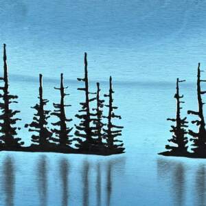 Valley Views, original mixed media painting of a quiet lake landscape night by Canadian artist Cody Pendleton at Effusion Art Gallery in Invermere, BC.