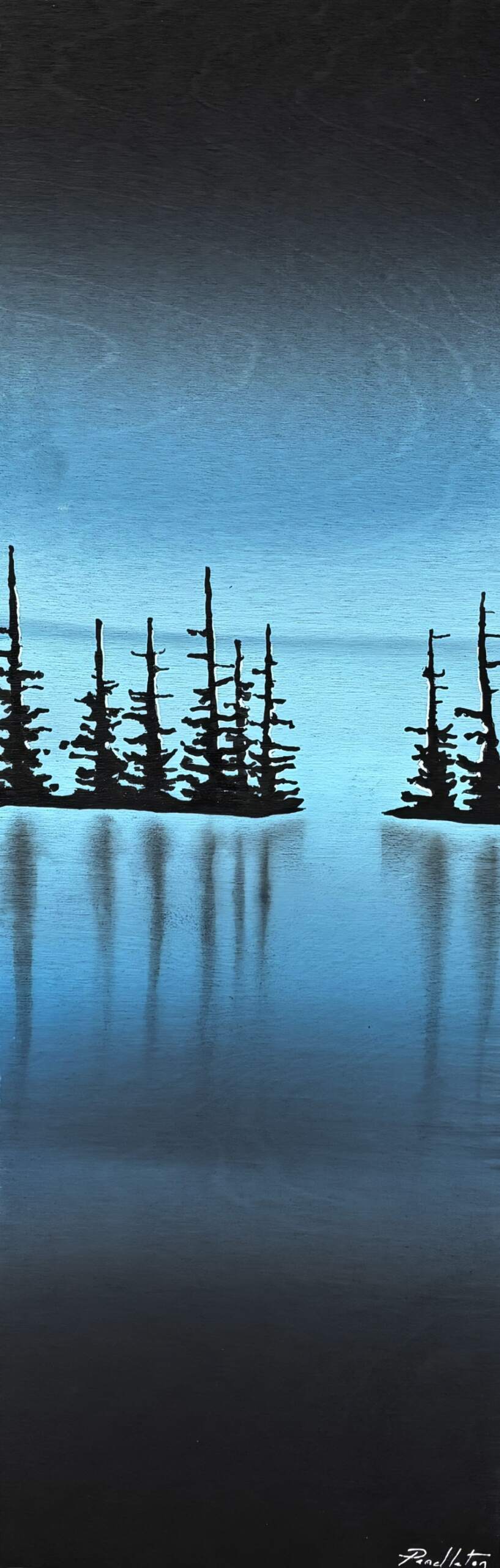 Valley Views, original mixed media painting of a quiet lake landscape night by Canadian artist Cody Pendleton at Effusion Art Gallery in Invermere, BC.