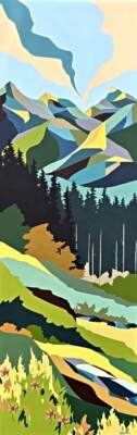 Alpine Meadows, original acrylic local landscape painting of Lynx Loop Trail at Panorama Mountain Resort by Canadian artist Michelle Barkway at Effusion Art Gallery in Invermere, BC.