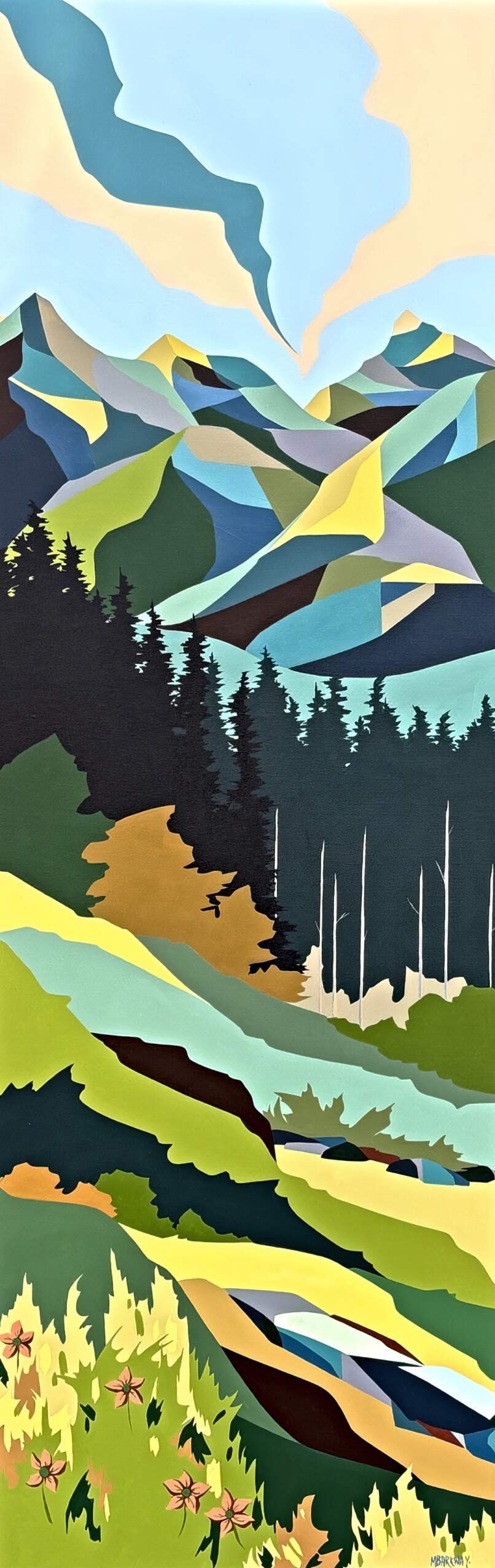 Alpine Meadows, original acrylic local landscape painting of Lynx Loop Trail at Panorama Mountain Resort by Canadian artist Michelle Barkway at Effusion Art Gallery in Invermere, BC.