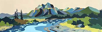 Hello Again, original acrylic local landscape painting of Castle Mountain by Canadian artist Michelle Barkway at Effusion Art Gallery in Invermere, BC.