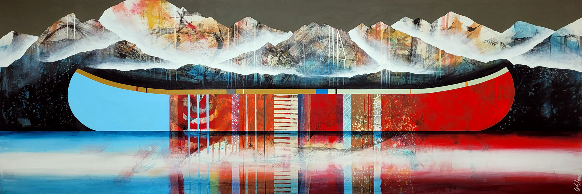Je me suis mis beau, original mixed media canoe painting by Canadian artist Sylvain Leblanc at Effusion Art Gallery in Invermere, BC.
